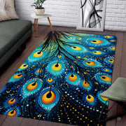 Peacock feather design rug showcasing amber eyes and navy pointillist plumes. - thumbnail image 1 of 7