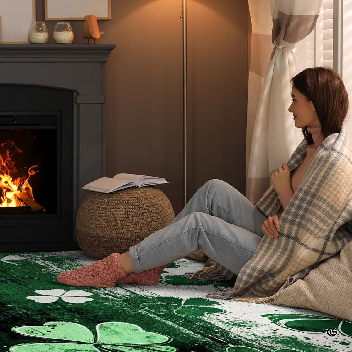 Room decor perspective showcasing clover area rug complementing modern wall art and layered neutral decor.