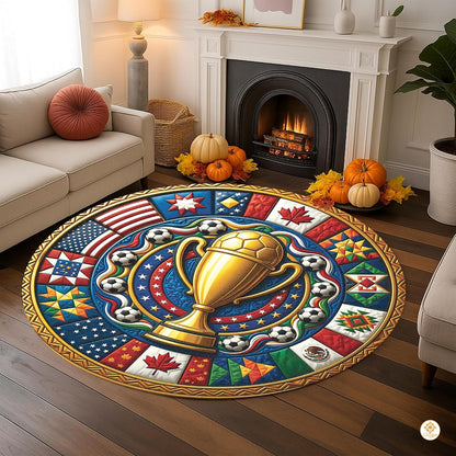 Custom Soccer Championship Round Rug with Trophy and Flag Details
