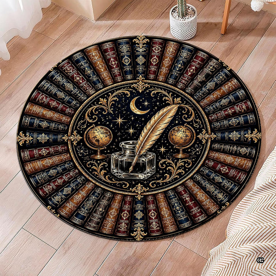 Dark academia rug showcasing celestial library illustration with antique books and quill pen.