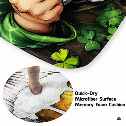 Soft low-pile microfiber fabric and foam cushioning detail of leprechaun beer rug - thumbnail image 3 of 8