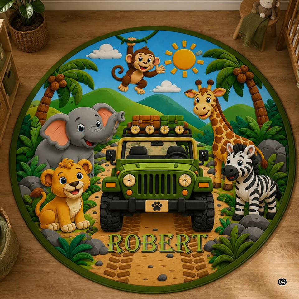 Wild safari kids rug showing cute lion cub, elephant, and giraffe under sunny skies