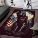 Living room setup with hardwood floor and white brick wall showcasing waving bigfoot american flag area rug