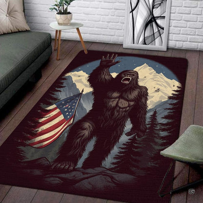 Living room setup with hardwood floor and white brick wall showcasing waving bigfoot american flag area rug - thumbnail image 1 of 5