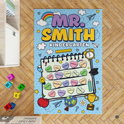 Close-up of spiral notebook art, pencil, and globe doodles on a playful area rug - thumbnail image 3 of 7