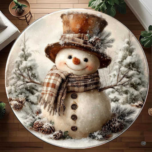 Rustic plaid snowman winter forest circular area rug in top overhead view