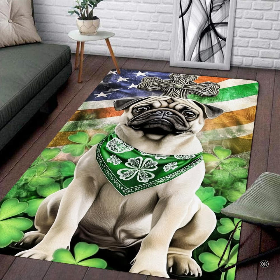 Irish pug shamrock Celtic cross living room area rug with clover bandana and flag backdrop