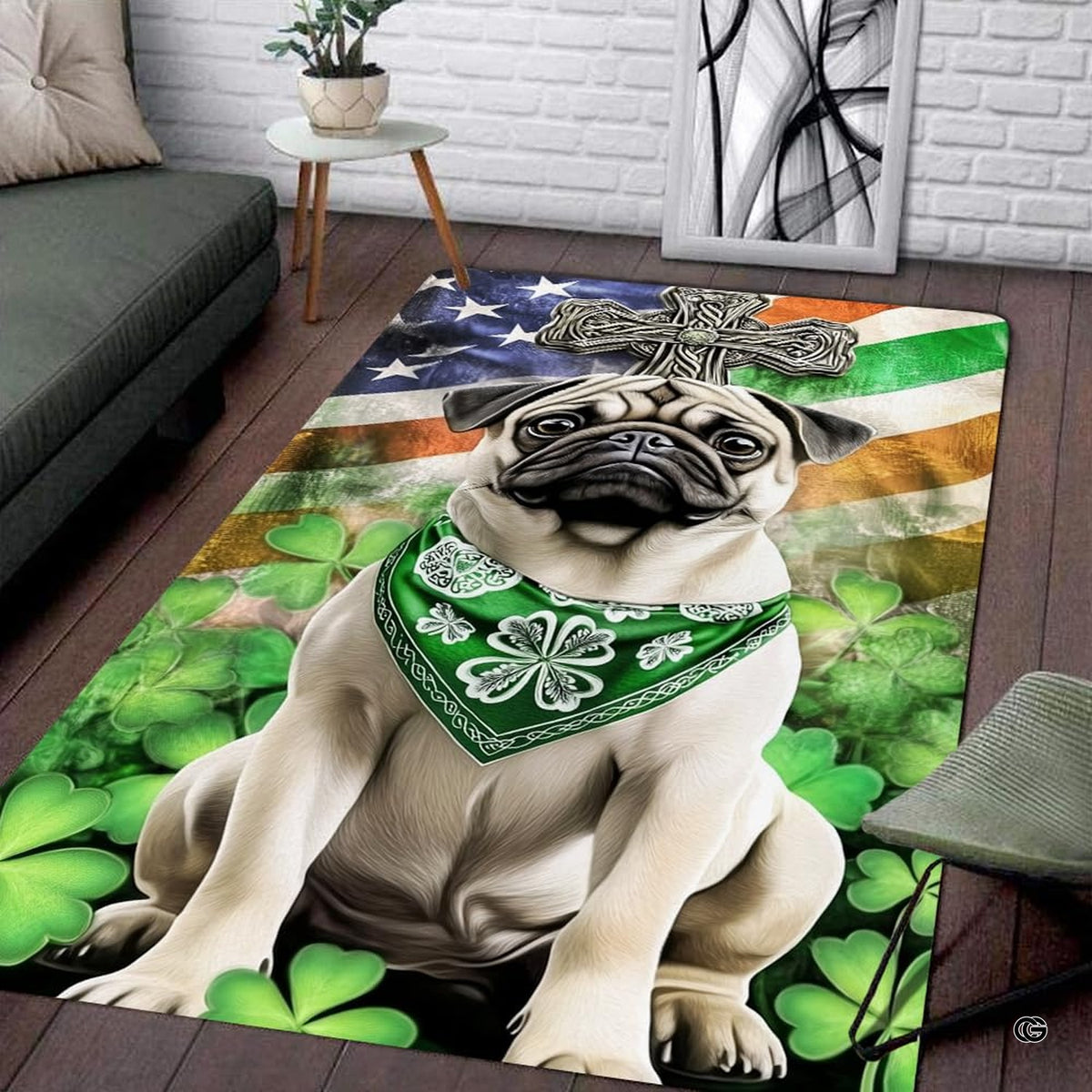 Irish pug shamrock Celtic cross living room area rug with clover bandana and flag backdrop