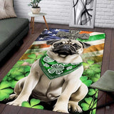 Irish pug shamrock Celtic cross living room area rug with clover bandana and flag backdrop