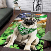 Irish pug shamrock Celtic cross living room area rug with clover bandana and flag backdrop - thumbnail image 1 of 8