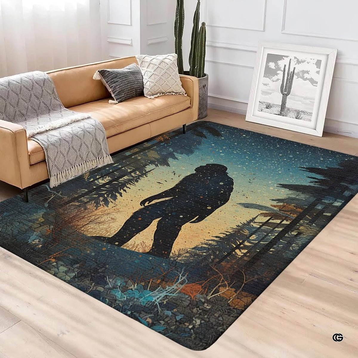 Close-up of stippled tree silhouettes and amber sky on a nocturnal woodland rug.
