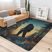 Close-up of stippled tree silhouettes and amber sky on a nocturnal woodland rug. - thumbnail image 2 of 5