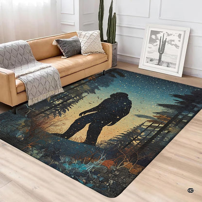 Close-up of stippled tree silhouettes and amber sky on a nocturnal woodland rug. - thumbnail image 2 of 5
