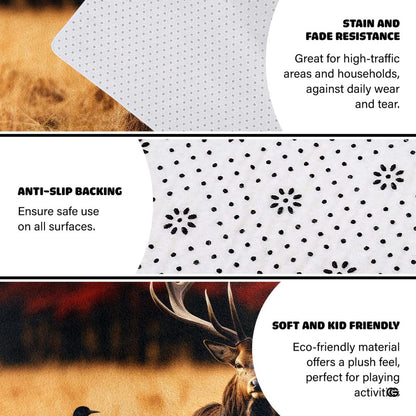 Red deer stag area rug styled on light wood floor in modern living room setting. - thumbnail image 4 of 7