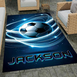 Soccer ball encircled by glowing neon blue orbit light trails rectangular area rug.