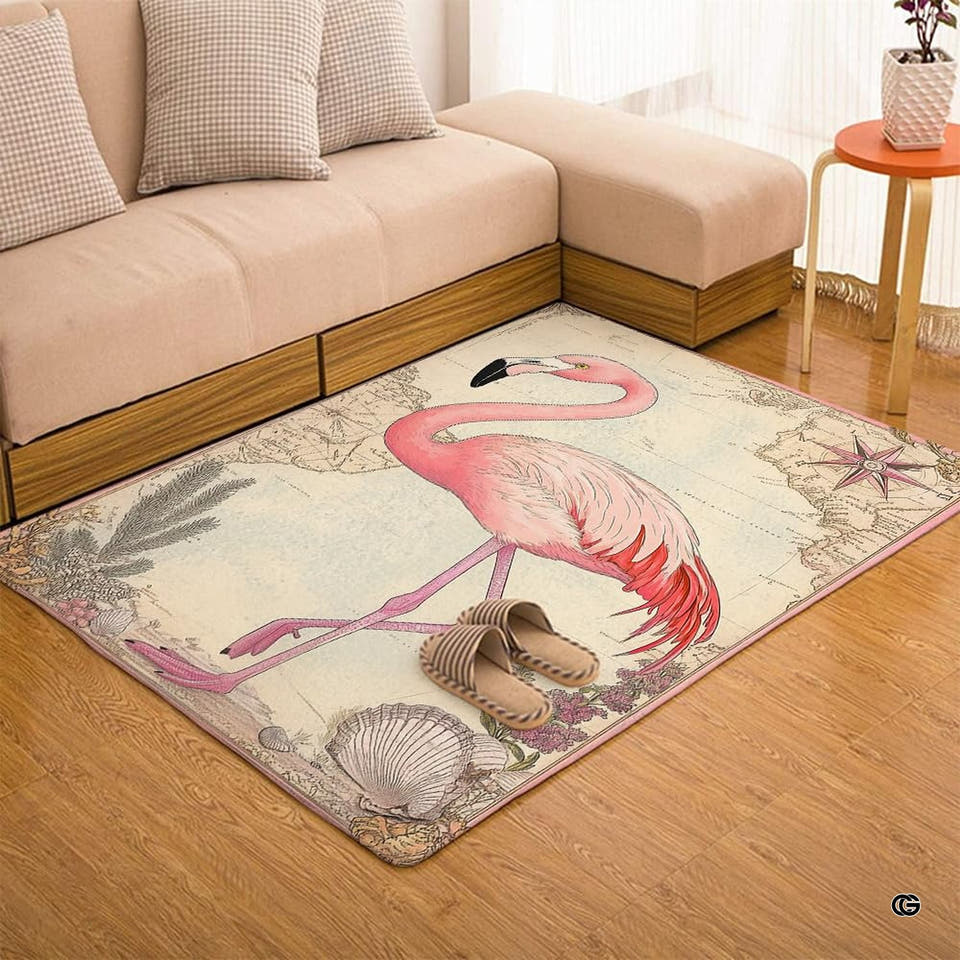 Audubon flamingo coastal bird rug showcasing vintage shore illustration and antique navigational chart.