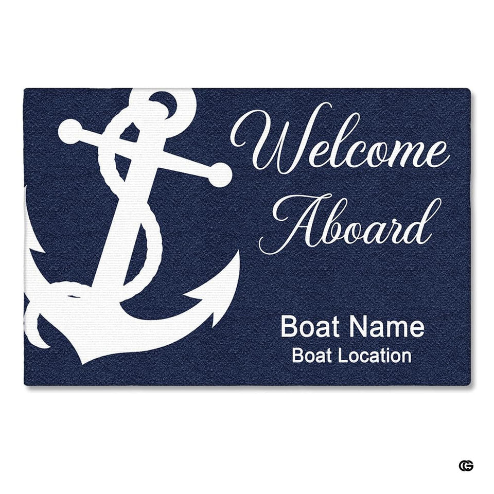 Personalized Nautical Doormat with Boat Name & Location – Custom Anchor Welcome Mat for Fishing Boat, Yacht, or Dock – Outdoor Indoor Floor Rug for Cabin, Ship (Nautical 08)