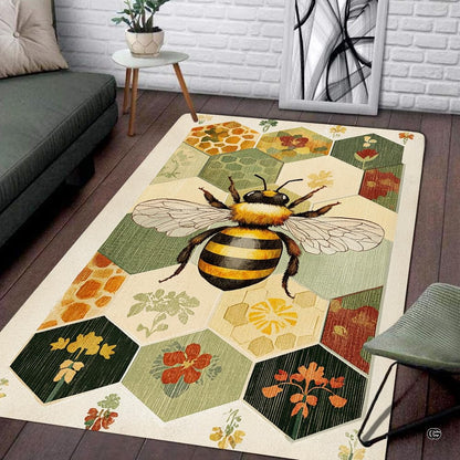 Living room mockup highlighting the hexagon tile and pressed floral bee print area rug - thumbnail image 2 of 8