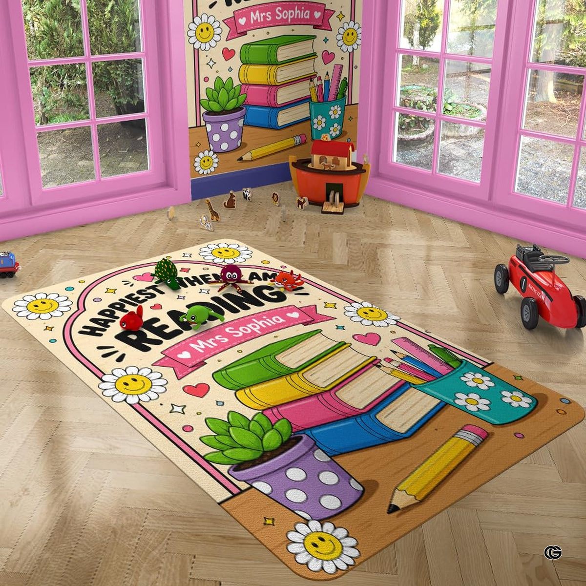 Happiest when reading area rug styled on hardwood flooring near desks. - image 4 of 7