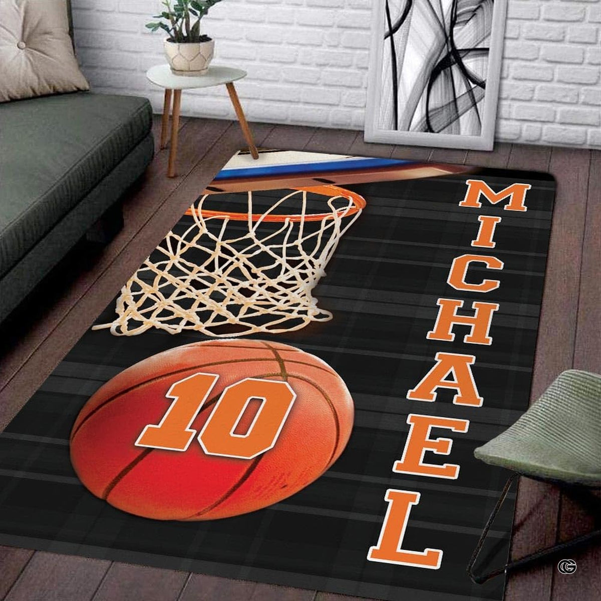 Custom basketball hoop net living room area rug with basketball and vertical athletic personalization banner