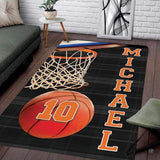 Custom basketball hoop net living room area rug with basketball and vertical athletic personalization banner