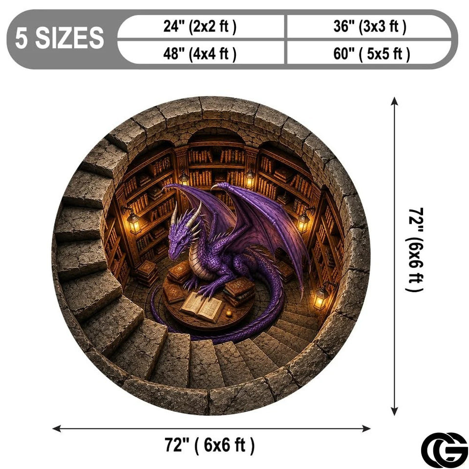 Personalized Dragon Round Rug with 3D Effect and Bookshelf