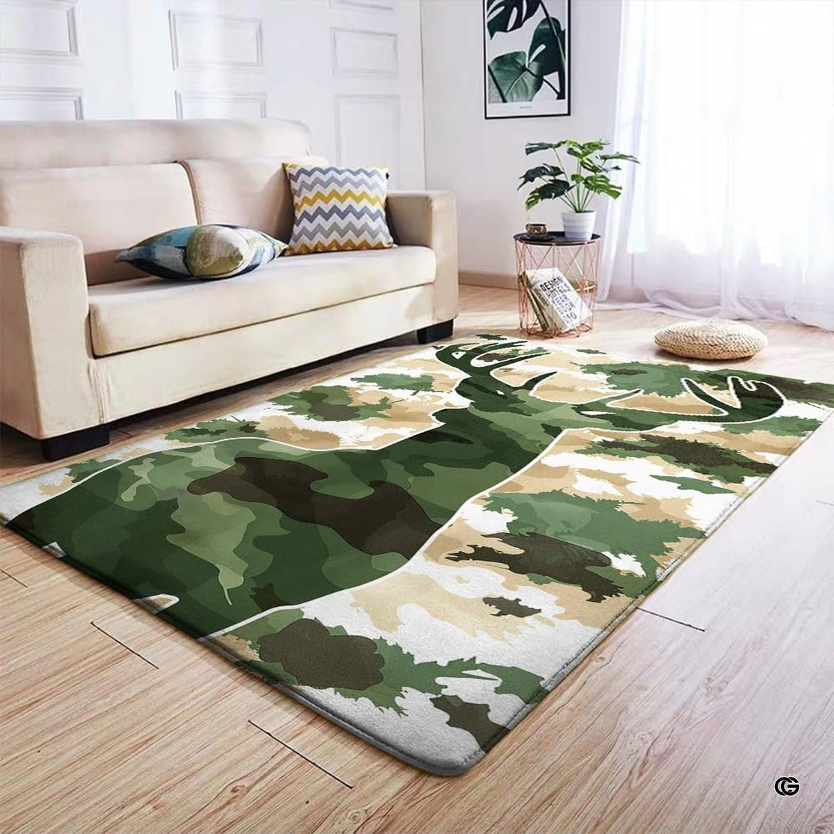 Anti-slip dot backing and clean hemmed edge stitching on camo deer buck rug - image 4 of 7