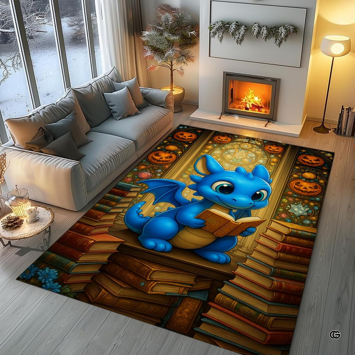 Adorable cute chibi blue baby dragon reading an open book seated on stacks of library books area rug. - image 5 of 8