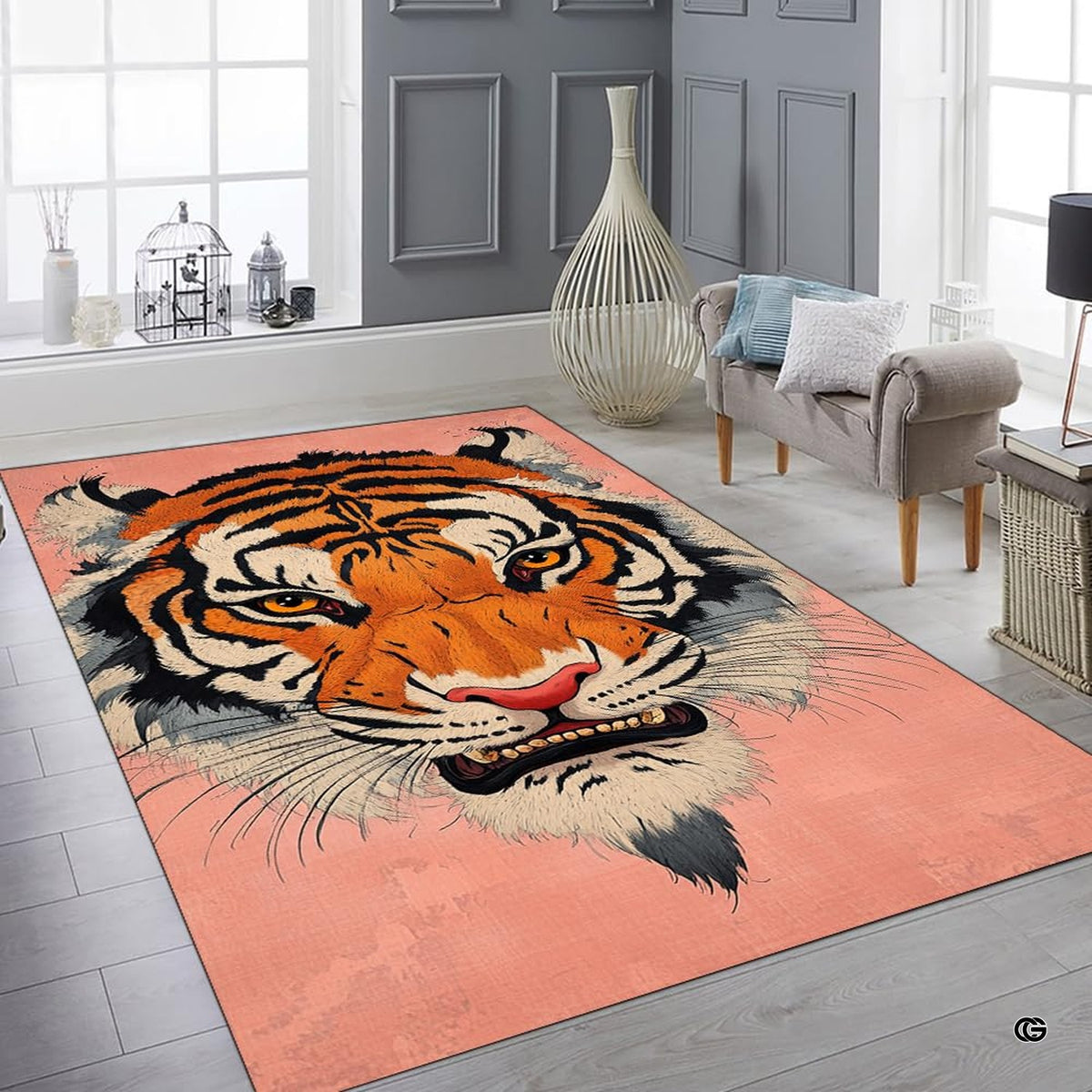 Bright interior decor setup featuring the graphic tiger face floor carpet