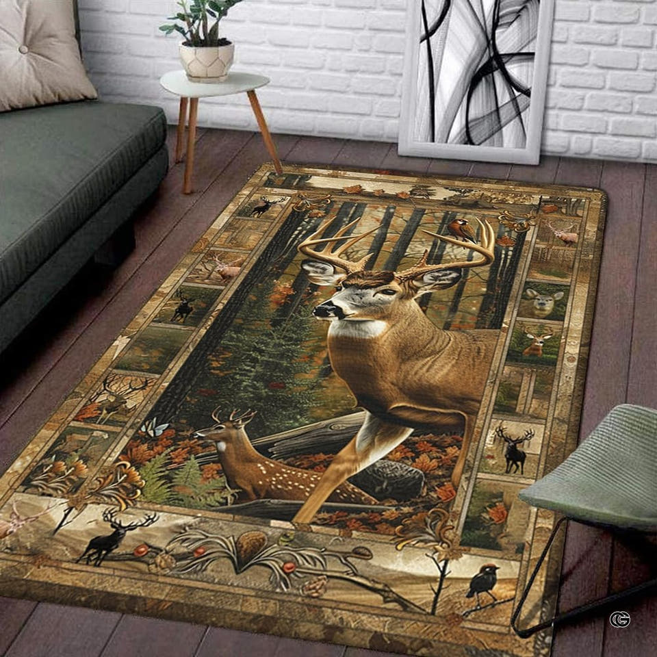 Living room corner with gray sofa and side table displaying the rectangular autumn buck and fawn area rug.