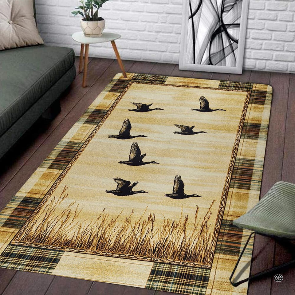 Duck hunting rug showing flying waterfowl over marsh grasses with rustic plaid borders in a living room.