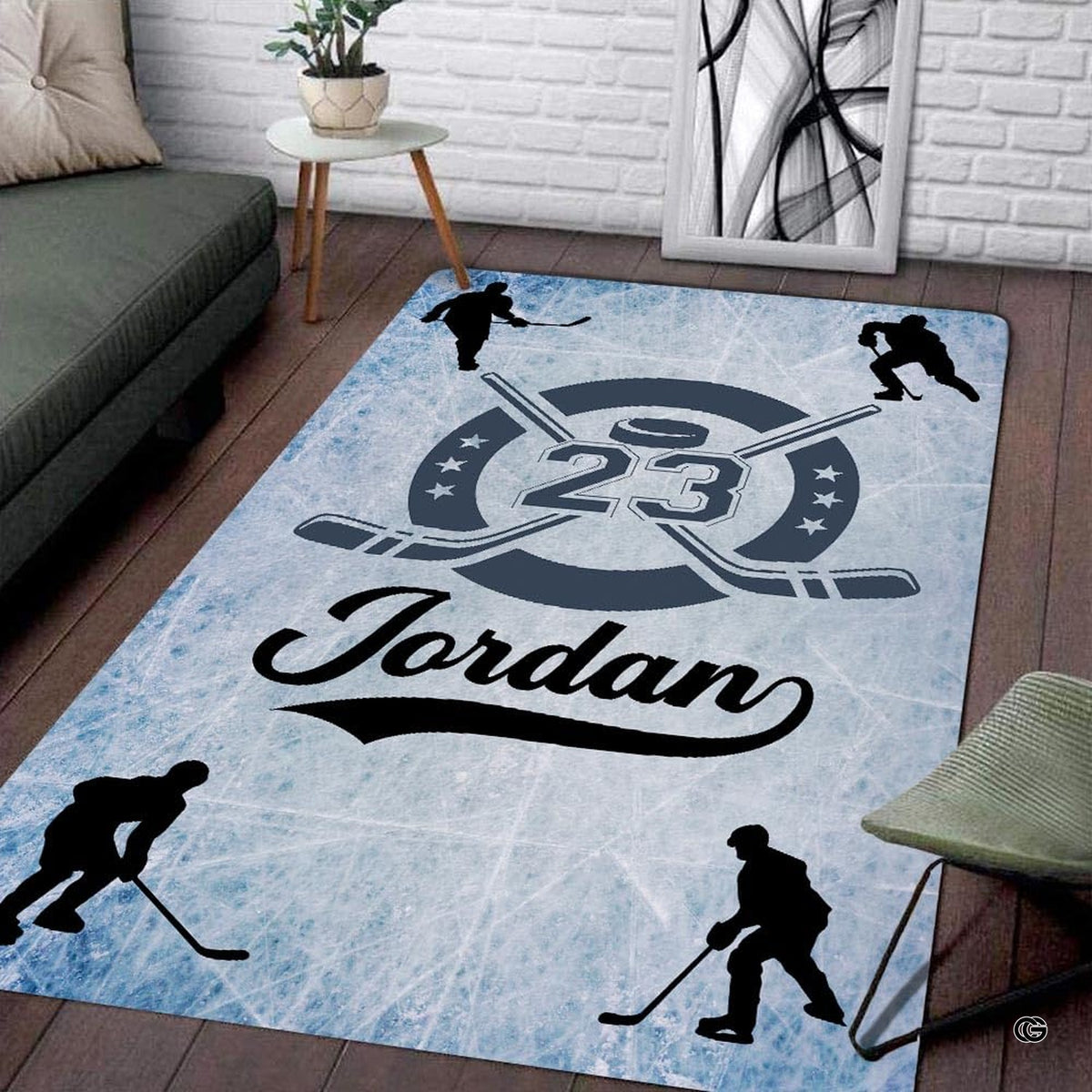 Ice hockey arena area rug with player silhouettes and crossed sticks on a frozen blue rink floor display. - image 1 of 7