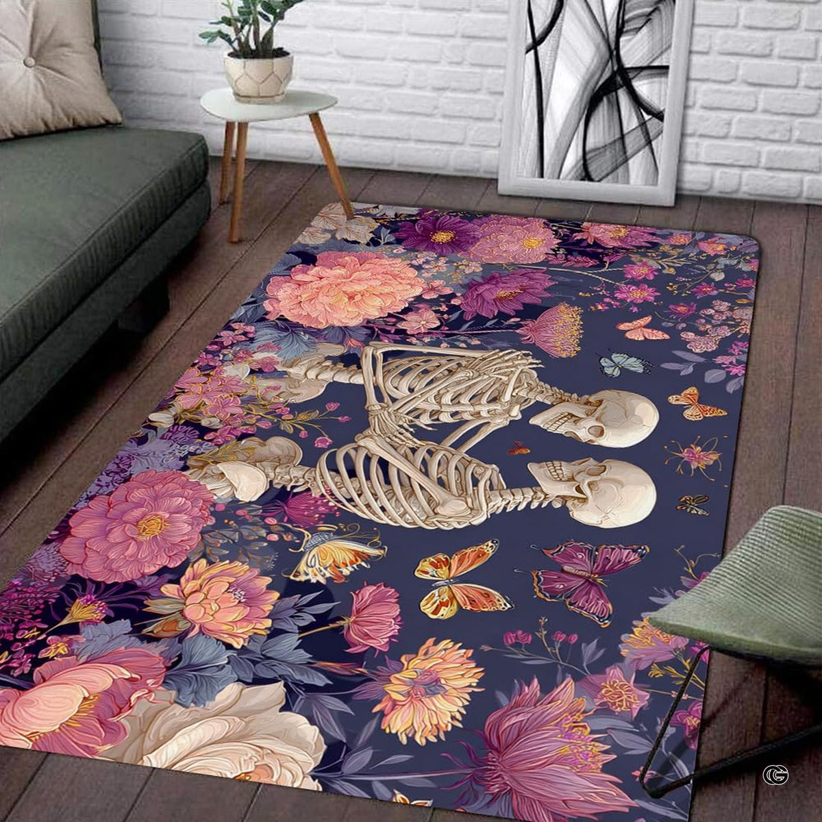 Lounge room mockup showing the gothic floral skeleton lovers area rug