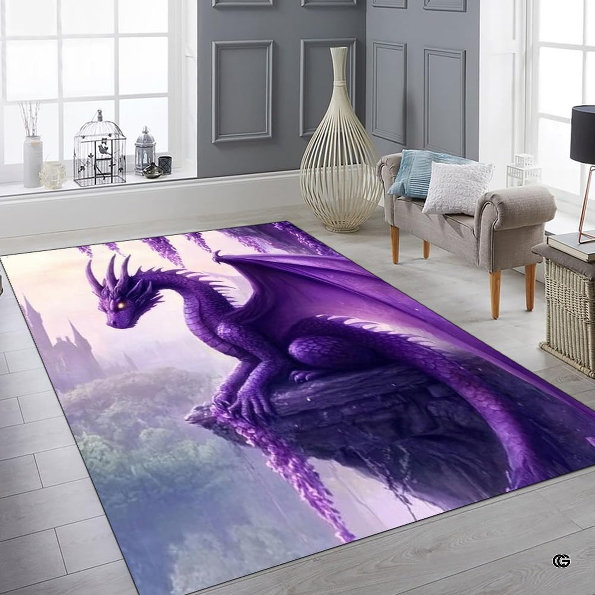 Teen bedroom layout showing the majestic dragon rug near wooden furnishings - image 6 of 8