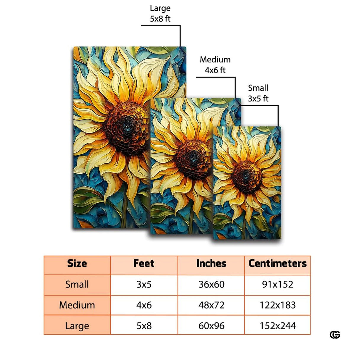 Dimension comparison chart displaying multiple size formats for this swirling sunflower area rug. - image 2 of 7
