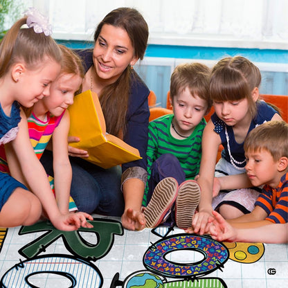 Detailed corner view of scholastic doodle area rug displaying vibrant patchwork motifs. - thumbnail image 6 of 7