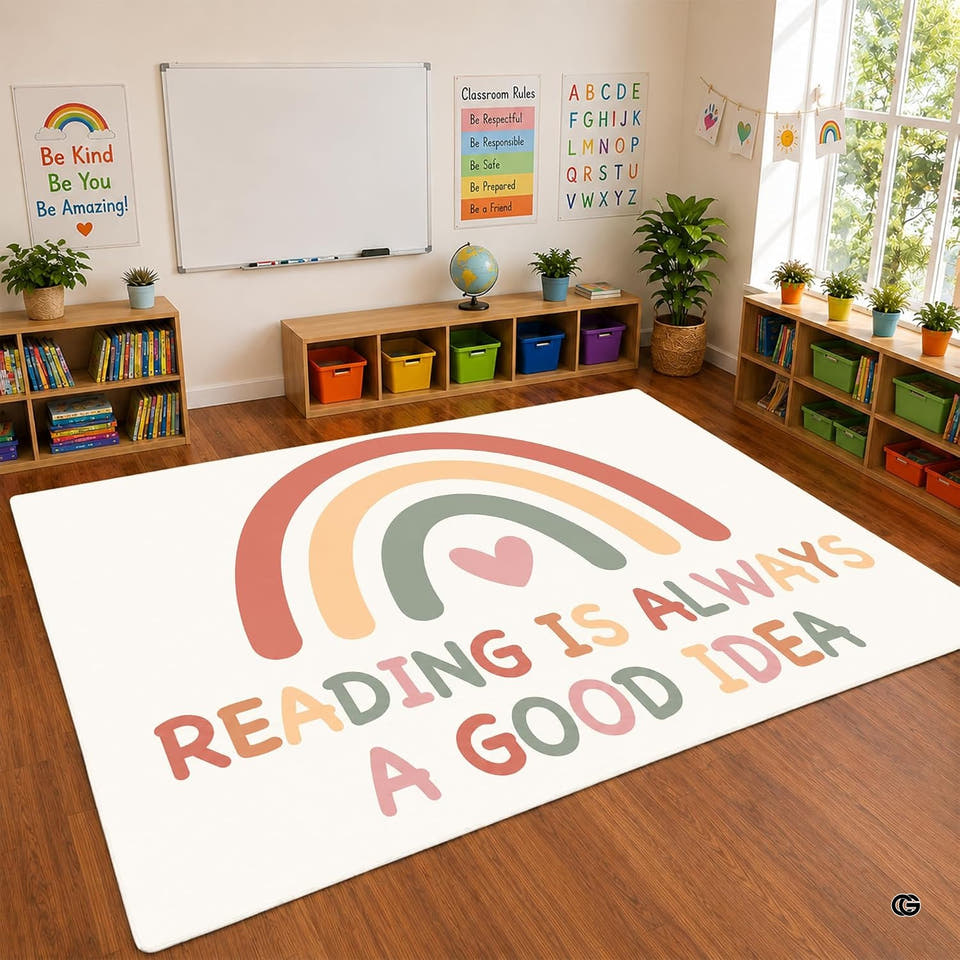Overhead perspective of pastel rainbow arch classroom area rug on ivory background