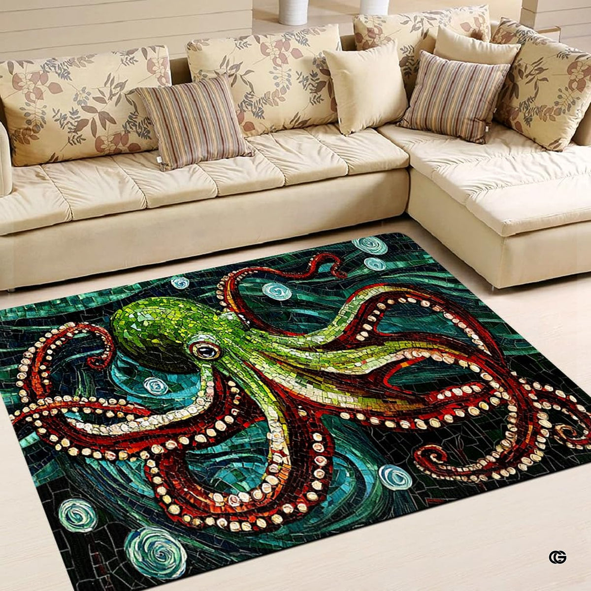 Detailed view of rust red octopus tentacles with stained glass marine tile textures and luminous bubbles.
