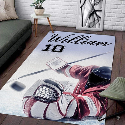 Ice hockey rug showcasing an athletic goalie save on the rink with arena floodlights and cool blue tones. - thumbnail image 1 of 7