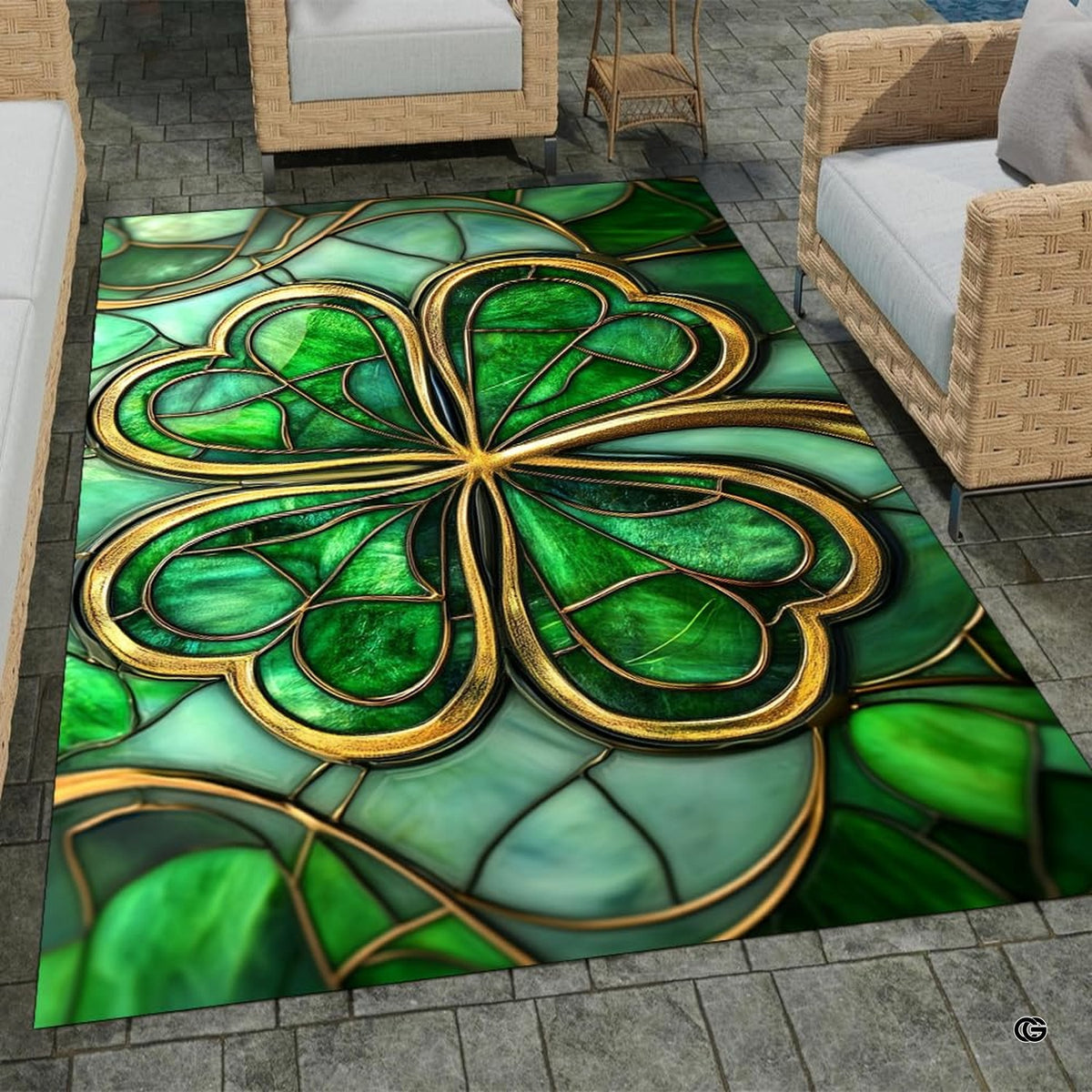 Jewel-toned emerald and mint glass effect pattern on decorative botanical area rug. - image 7 of 9