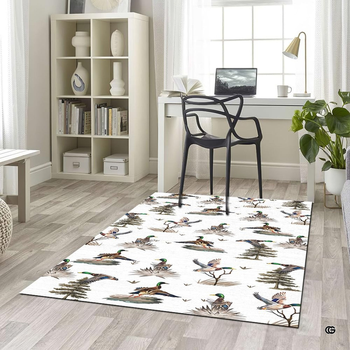 Overhead layout of goose area rug style featuring landing mallard ducks and lakeside vegetation.