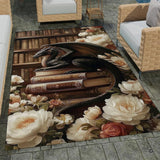Gothic black dragon resting on antique leather books surrounded by white peony flowers in a library area rug.