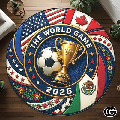 Custom Soccer Round Rug with Trophy and World Flags