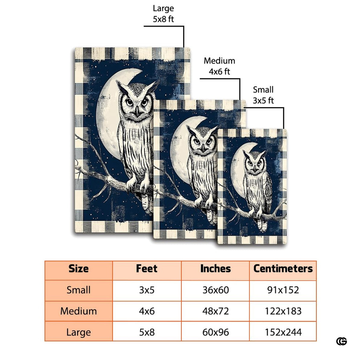 Anti-slip dot backing and hemmed edge stitching on rustic owl wildlife rug