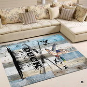 Overhead perspective of wood area rug highlighting flying waterfowl silhouettes and greenhead mallard illustration. - thumbnail image 2 of 6