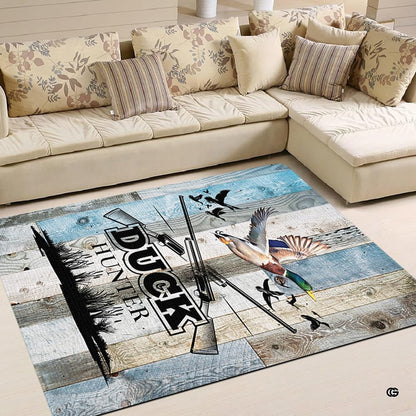 Overhead perspective of wood area rug highlighting flying waterfowl silhouettes and greenhead mallard illustration. - thumbnail image 2 of 6