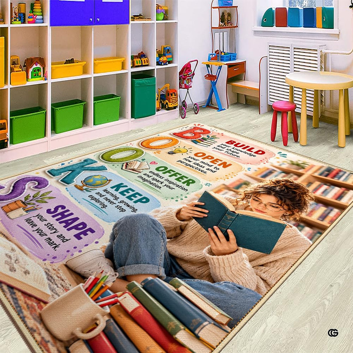 Floor styling view of classroom library rug positioned beside study shelves in a dedicated reading nook area.