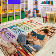 Floor styling view of classroom library rug positioned beside study shelves in a dedicated reading nook area. - thumbnail image 3 of 3