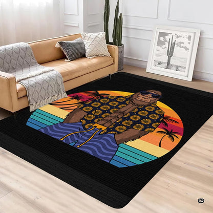 Top-down view of retro Bigfoot rug with palm silhouettes and sunflower Hawaiian shirt artwork for coastal room decor. - thumbnail image 2 of 5