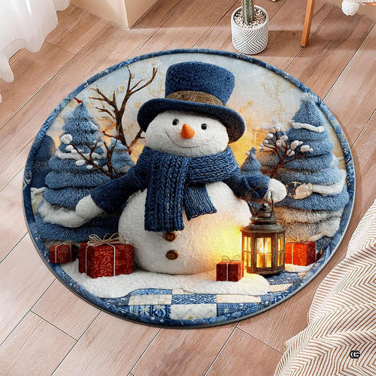 Round blue Christmas rug with snowman, snowy evergreens, glowing lantern, red gifts, and patchwork border